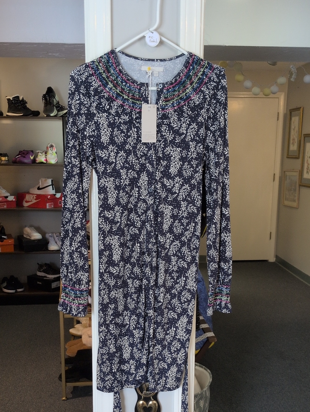 Boden Navy Floral Long-Sleeve Dress Shirtdress Embroidered Neckline Cuffs